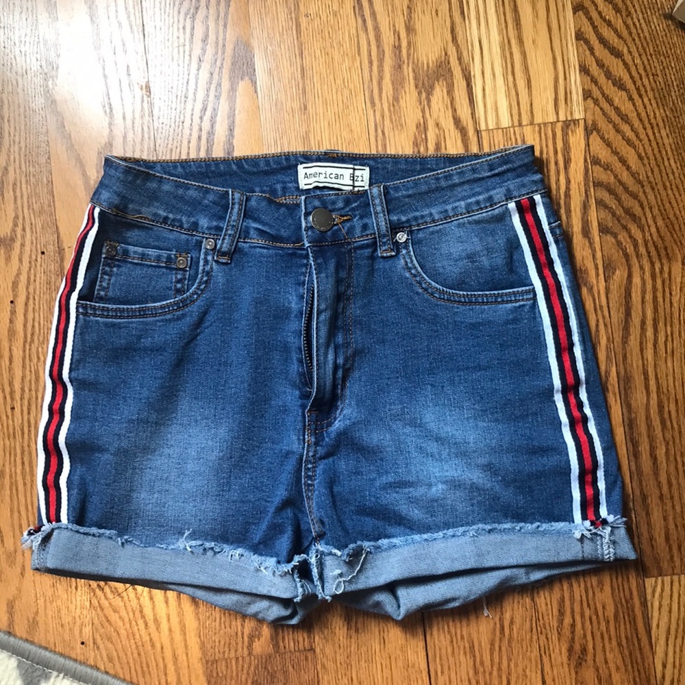 Jean shorts with red, white, and blue ribbon